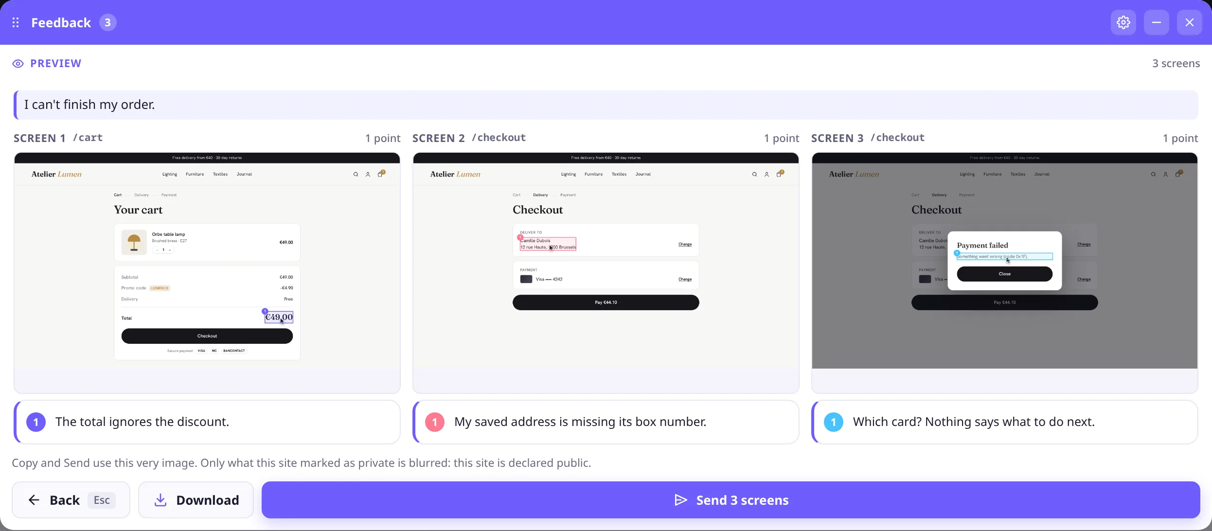The widget's preview of a three-screen report: the cart, checkout, then the payment-error dialog, each with its comment below.