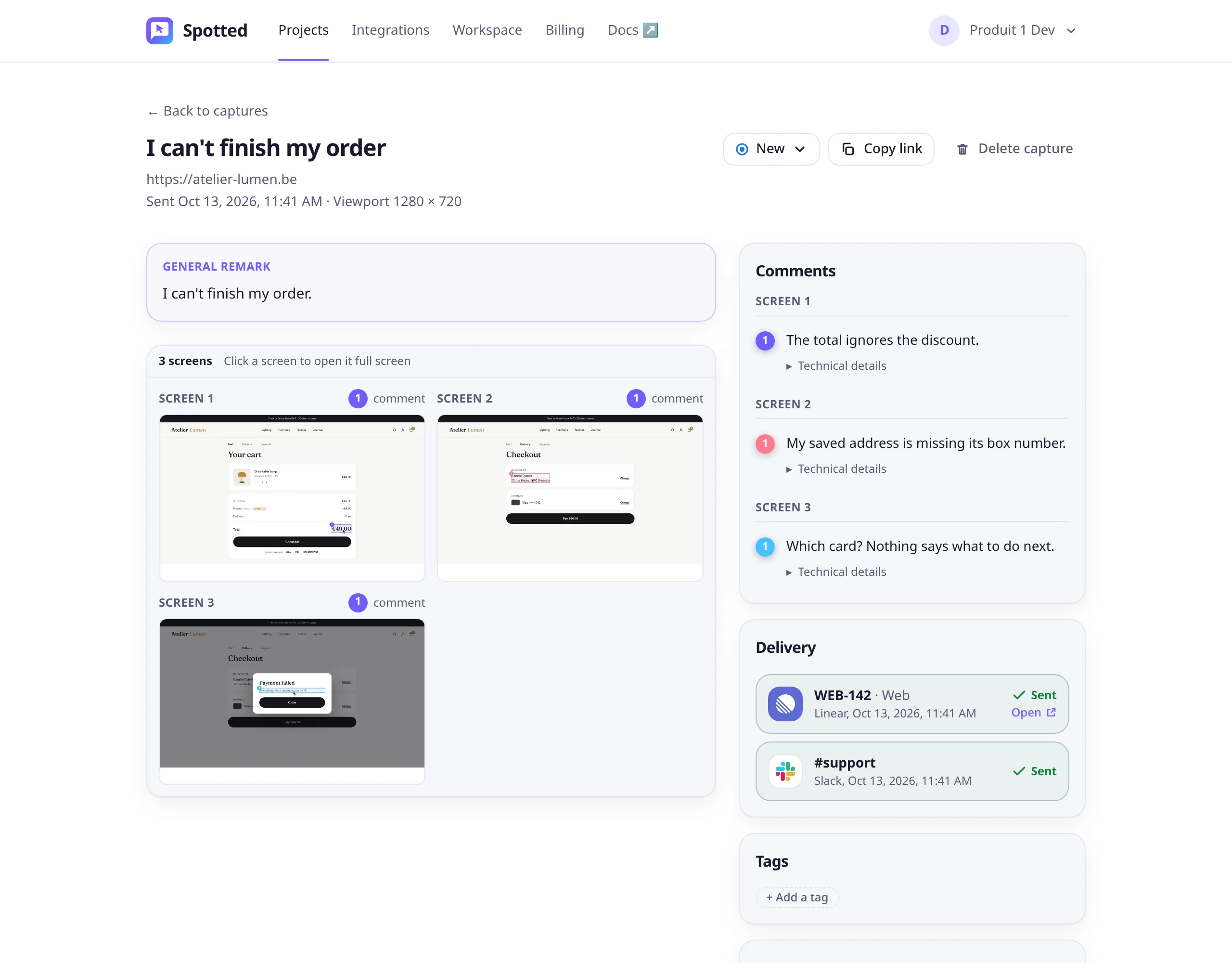 A three-screen report in the app: the screens on the left; on the right the comments by screen, and the report sent as Linear issue WEB-142 and to Slack's #support.