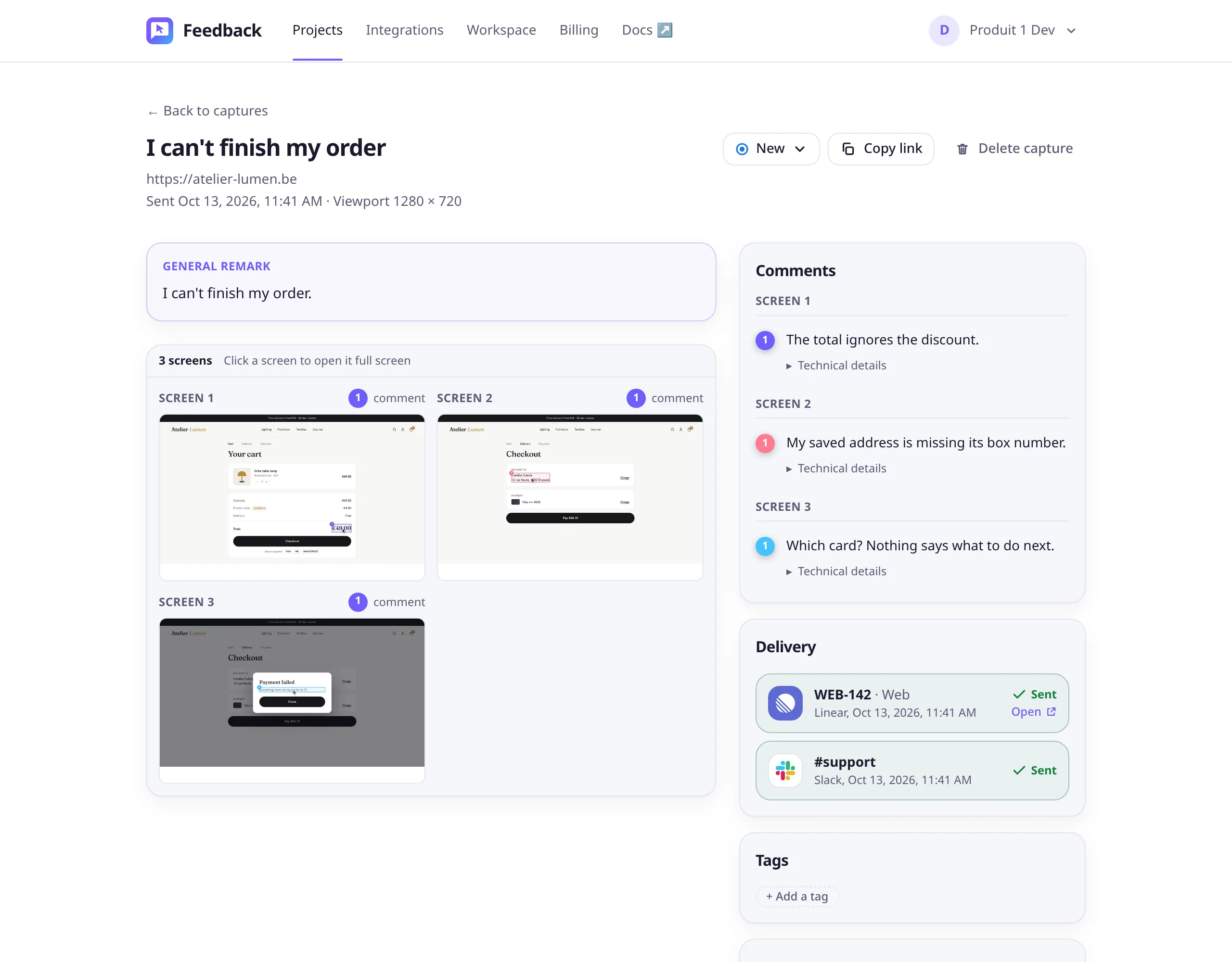 A three-screen report in the app: the screens on the left; on the right the comments by screen, and the report sent as Linear issue WEB-142 and to Slack's #support.