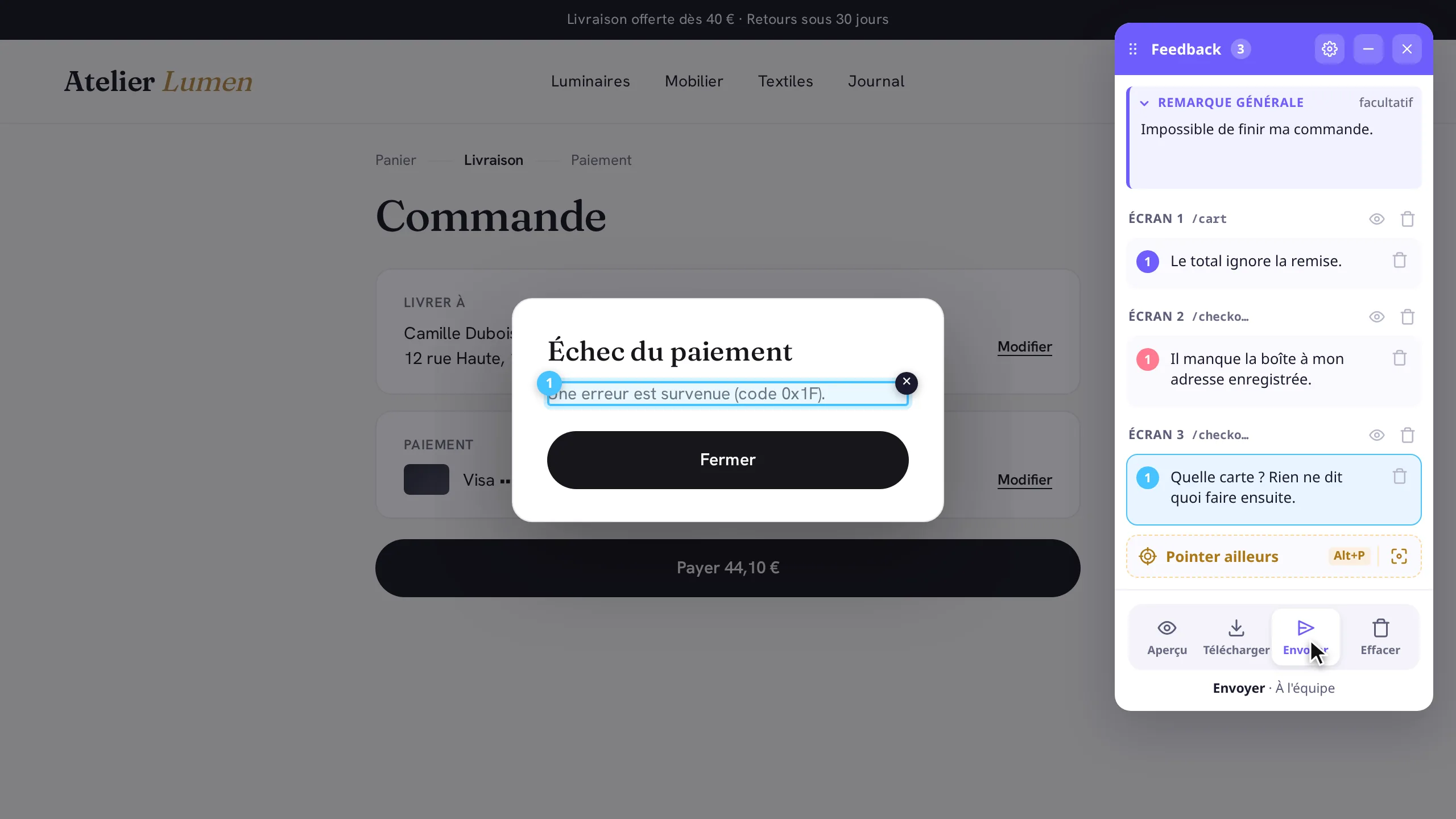 Le paiement d'une boutique de démonstration avec le widget Feedback ouvert : une remarque générale, puis un commentaire numéroté sur chacun des trois écrans, le dernier sur une boîte de dialogue d'erreur de paiement.