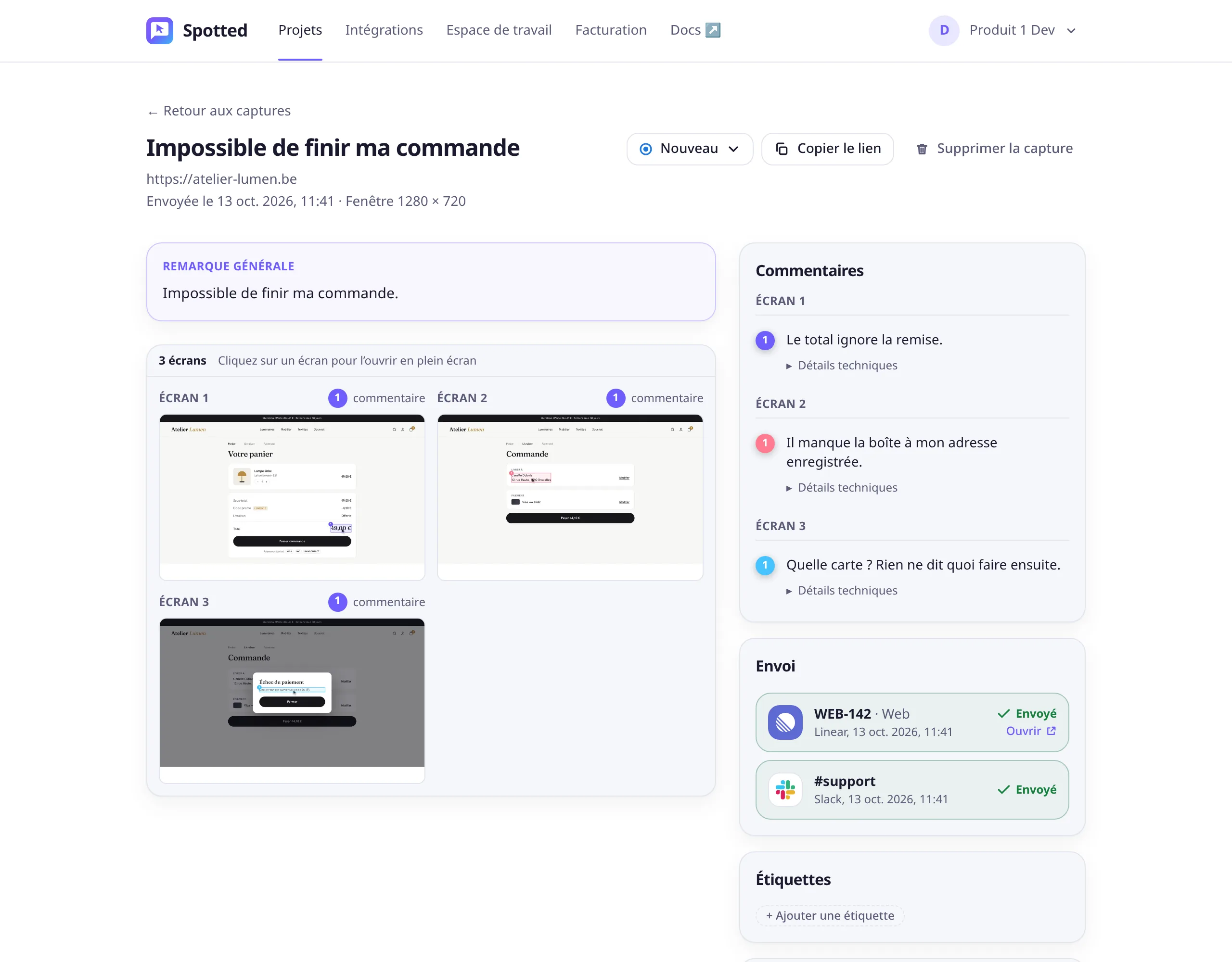 Un rapport de trois écrans dans l'application : les écrans à gauche ; à droite les commentaires par écran, et le rapport envoyé en ticket Linear WEB-142 et sur le canal Slack #support.