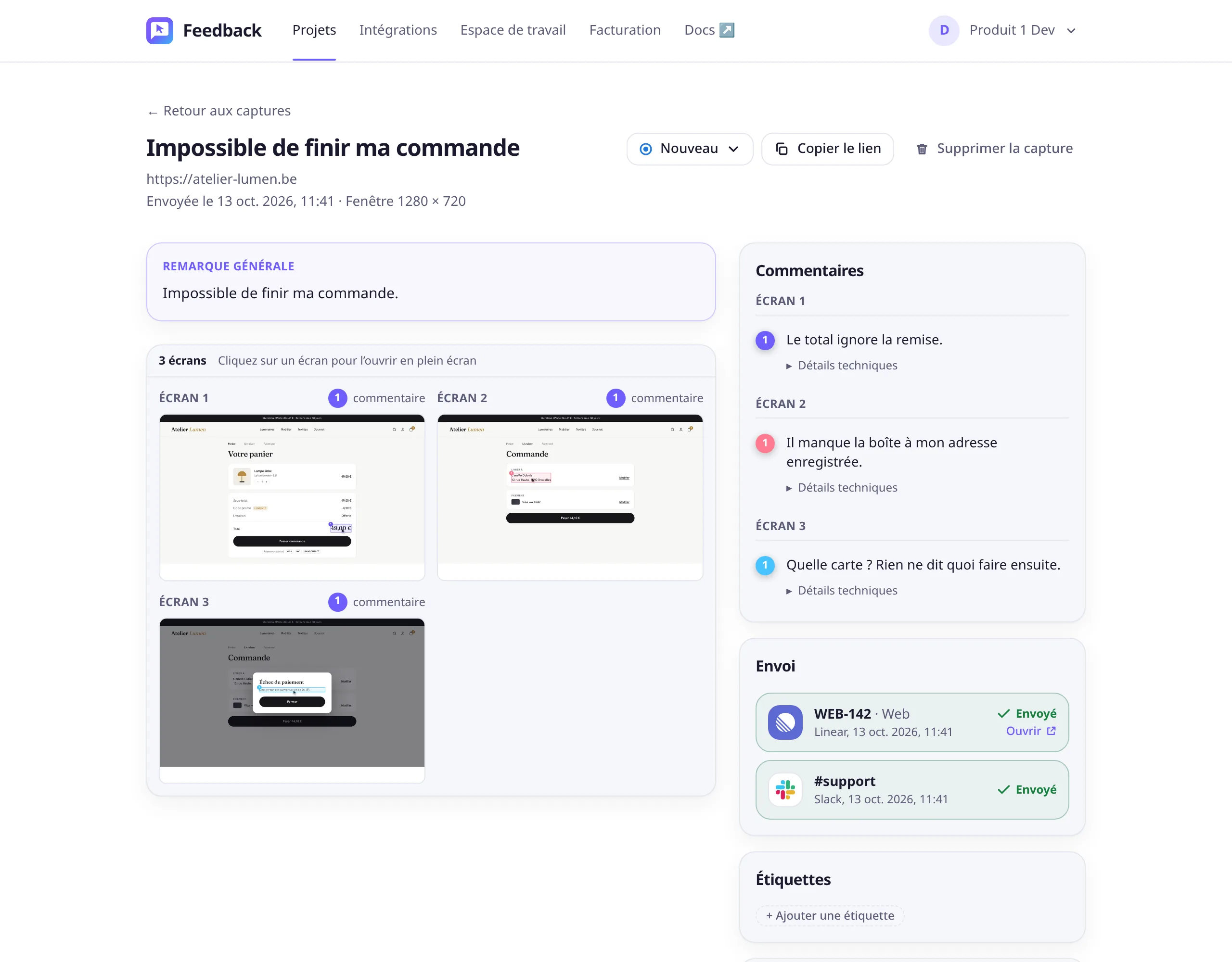Un rapport de trois écrans dans l'application : les écrans à gauche ; à droite les commentaires par écran, et le rapport envoyé en ticket Linear WEB-142 et sur le canal Slack #support.
