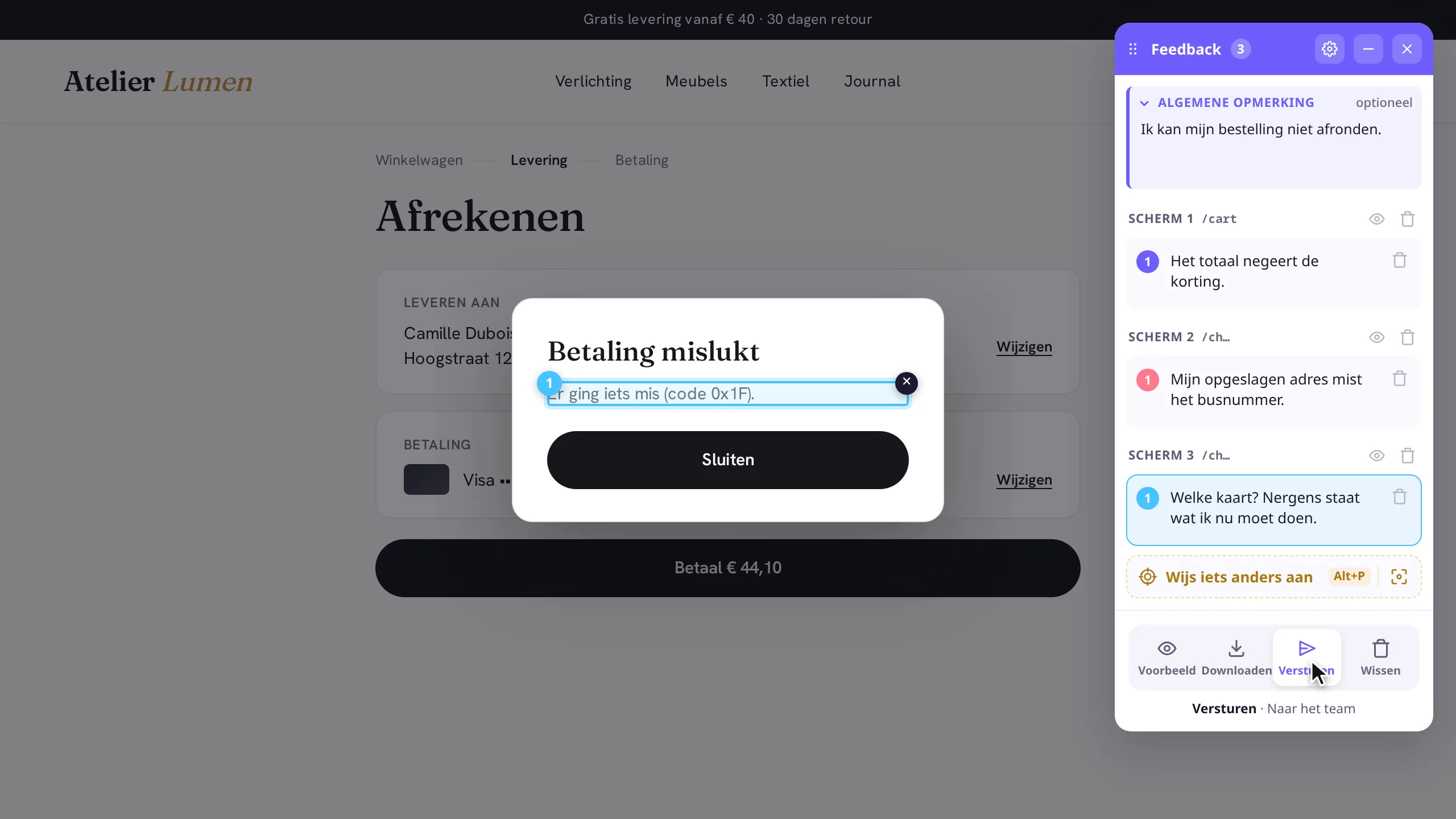 Het afrekenen in een demowinkel met de Feedback-widget open: een algemene opmerking, daarna een genummerde opmerking op elk van drie schermen, de laatste op een dialoogvenster met een betaalfout.