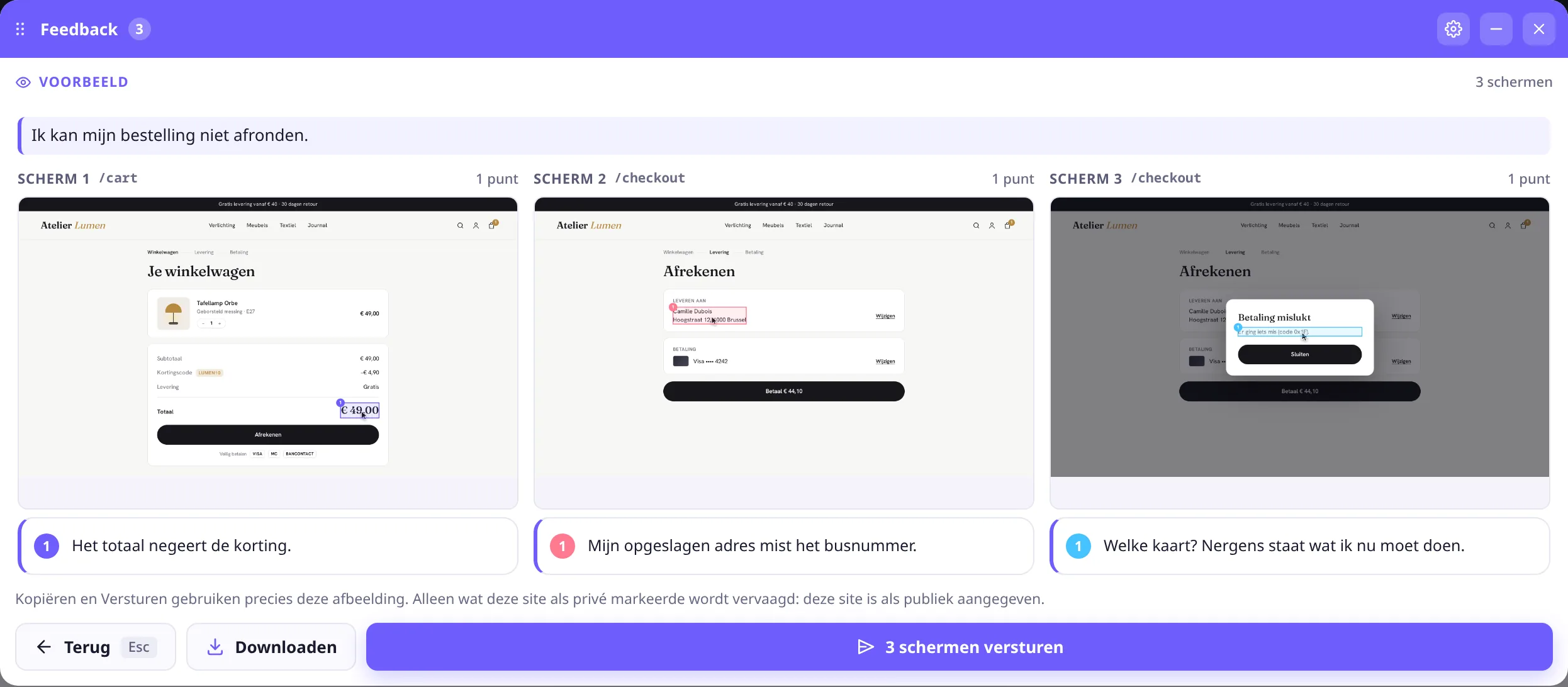Het voorbeeld van een rapport van drie schermen in de widget: de winkelwagen, het afrekenen en het dialoogvenster met de betaalfout, elk met de opmerking eronder.