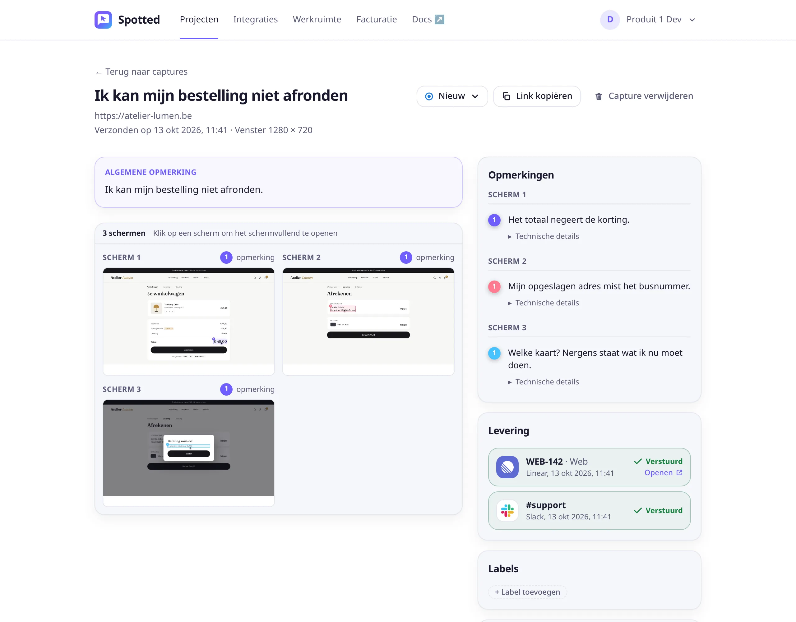 Een rapport van drie schermen in de app: links de schermen; rechts de opmerkingen per scherm, en het rapport verstuurd als Linear-issue WEB-142 en naar Slack-kanaal #support.